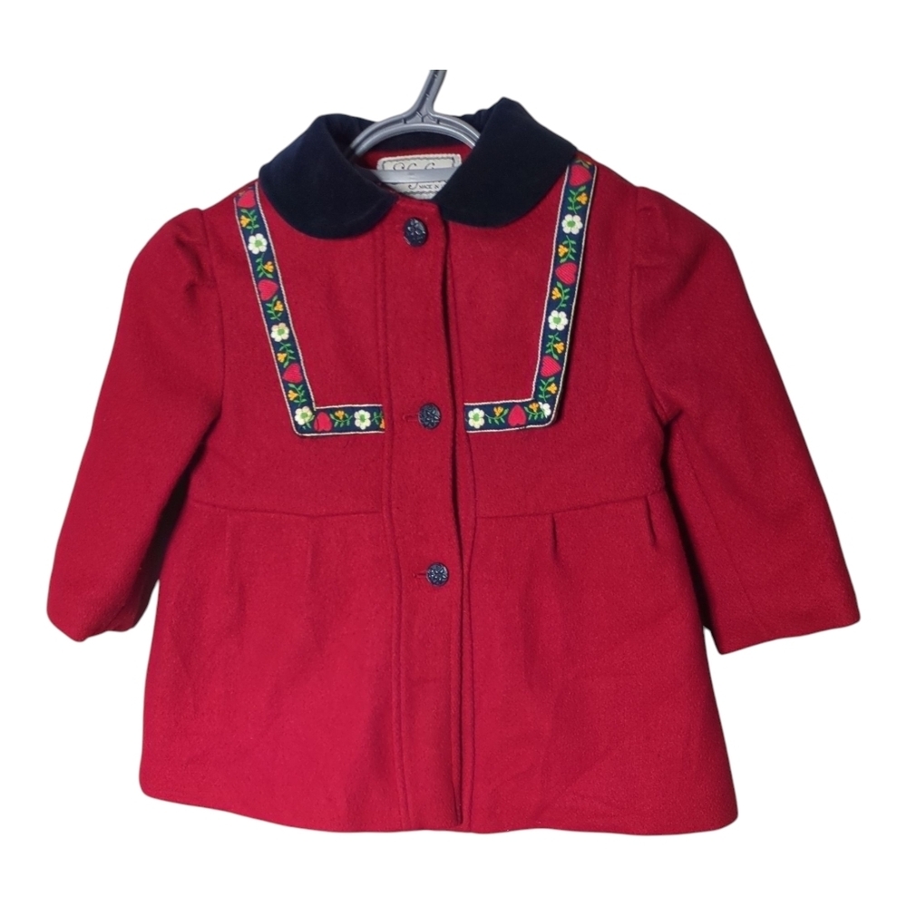 Vintage Skyline Girls' Wool Blend Red Pea Coat Floral‎ Trim Size 3